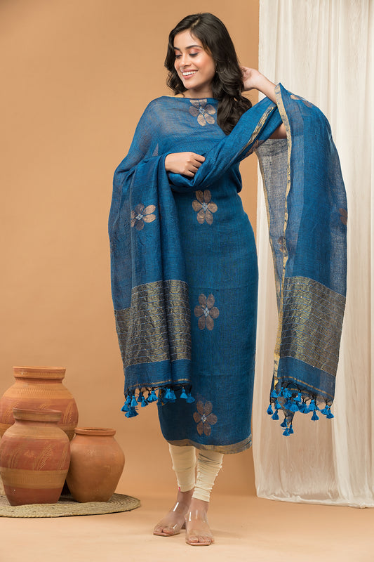 Handwoven Jamdani Linen Unstitched 2-piece Kurti  |  Steel Blue