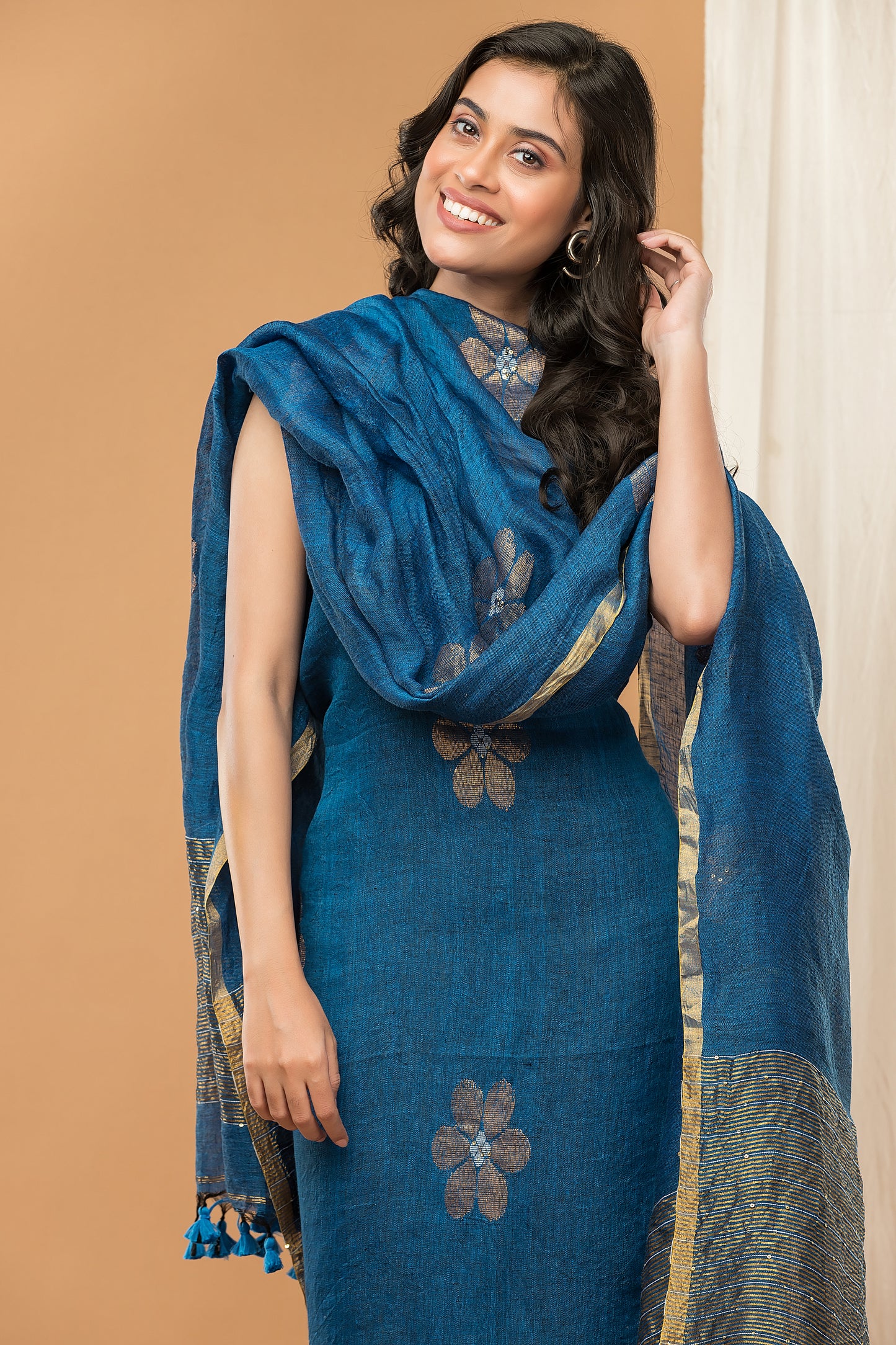 Royal Navy Blue | Handloom Jamdani Linen Unstitched 2-Piece Kurti