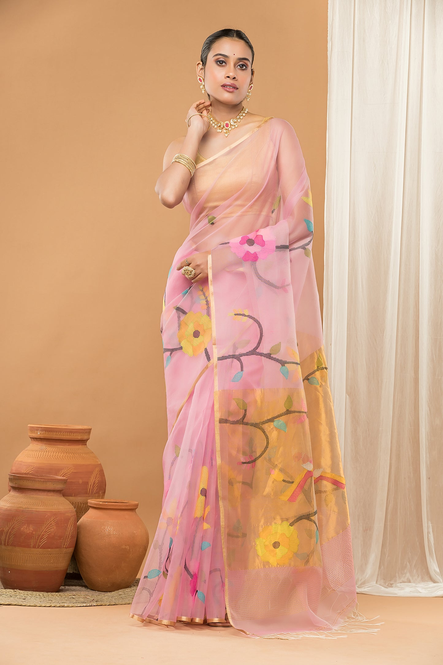 Handwoven Pure Jamdani Cotton Synthetic Saree  |  Baby Pink