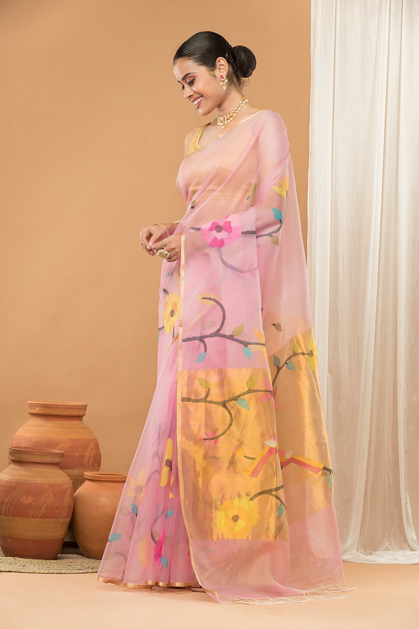 Handwoven Pure Jamdani Cotton Synthetic Saree  |  Baby Pink