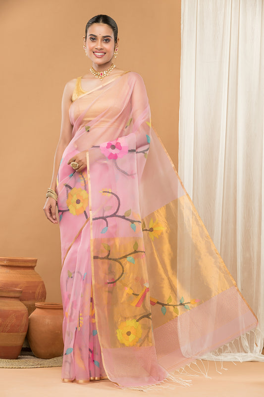 Handwoven Pure Jamdani Cotton Synthetic Saree  |  Baby Pink