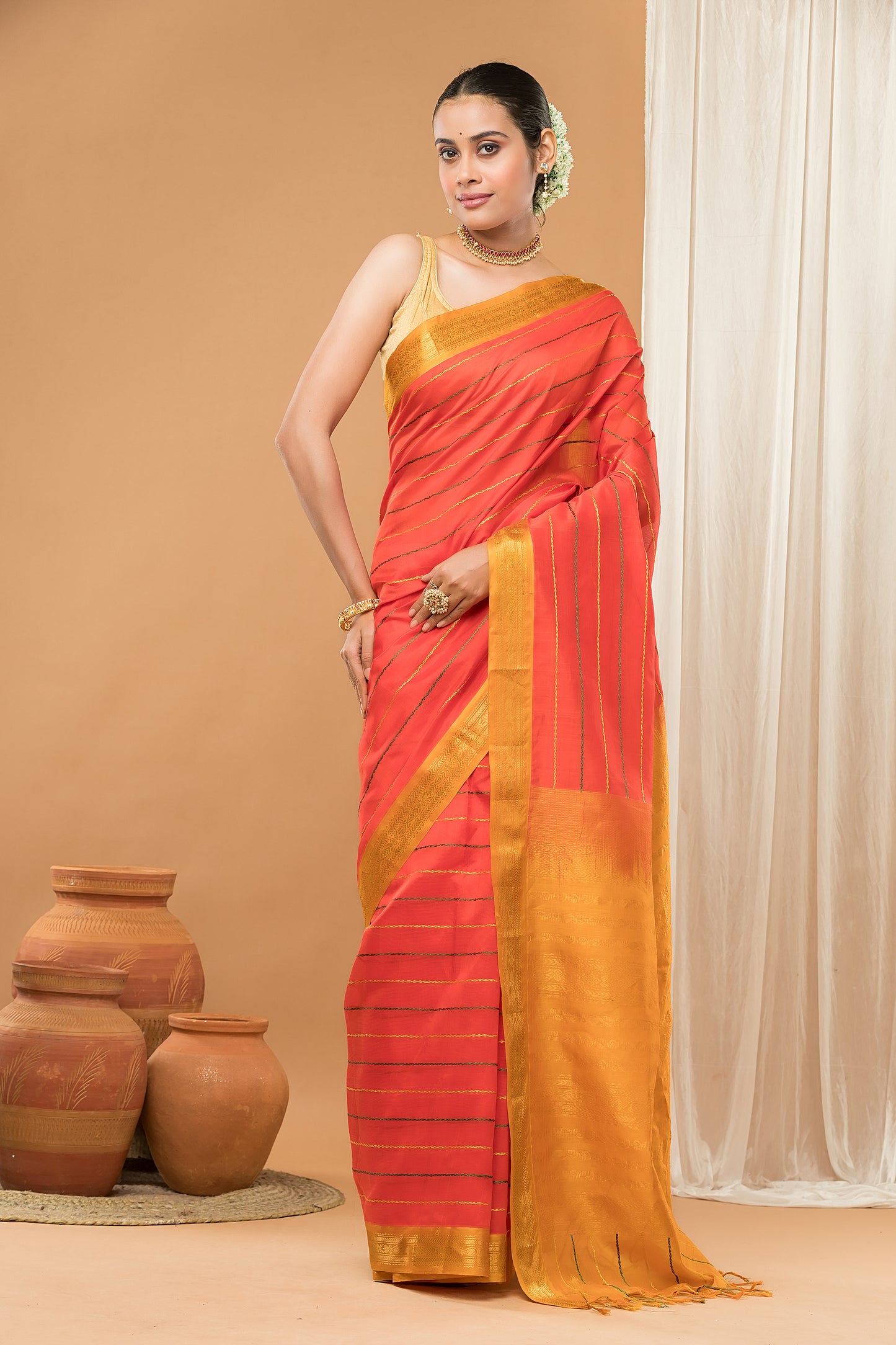 Handloom Korvai Cotton Silk Saree  |  Burnt Orange