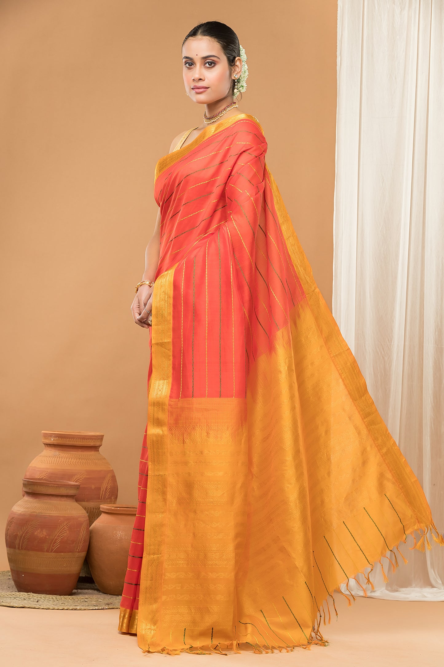 Handloom Korvai Cotton Silk Saree  |  Burnt Orange