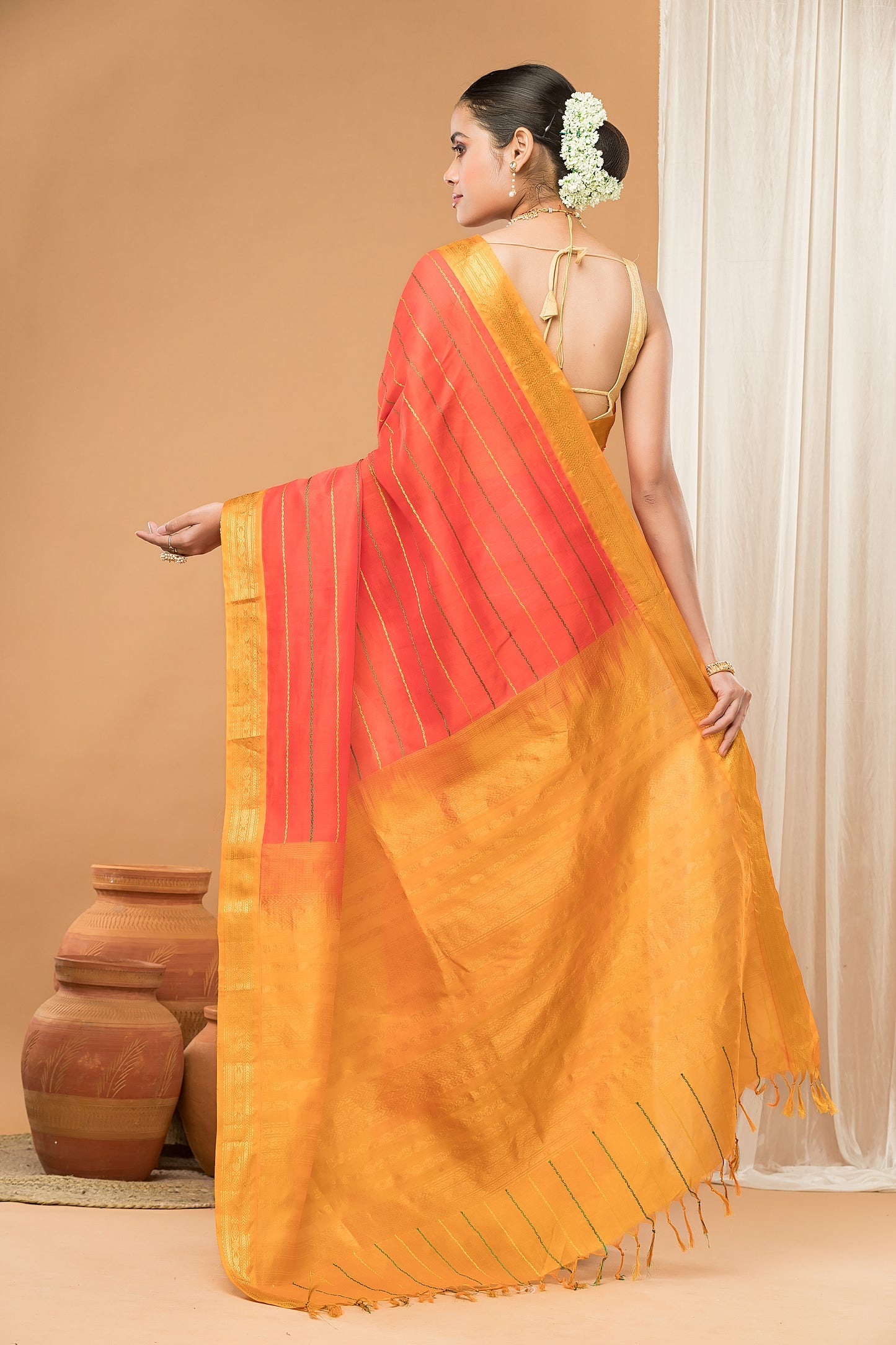 Handloom Korvai Cotton Silk Saree  |  Burnt Orange