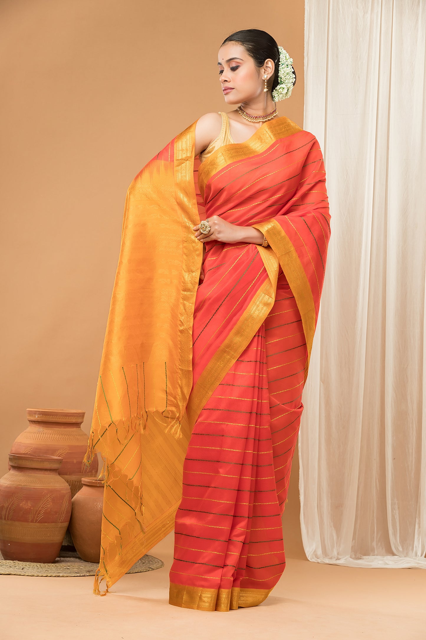Handloom Korvai Cotton Silk Saree  |  Burnt Orange