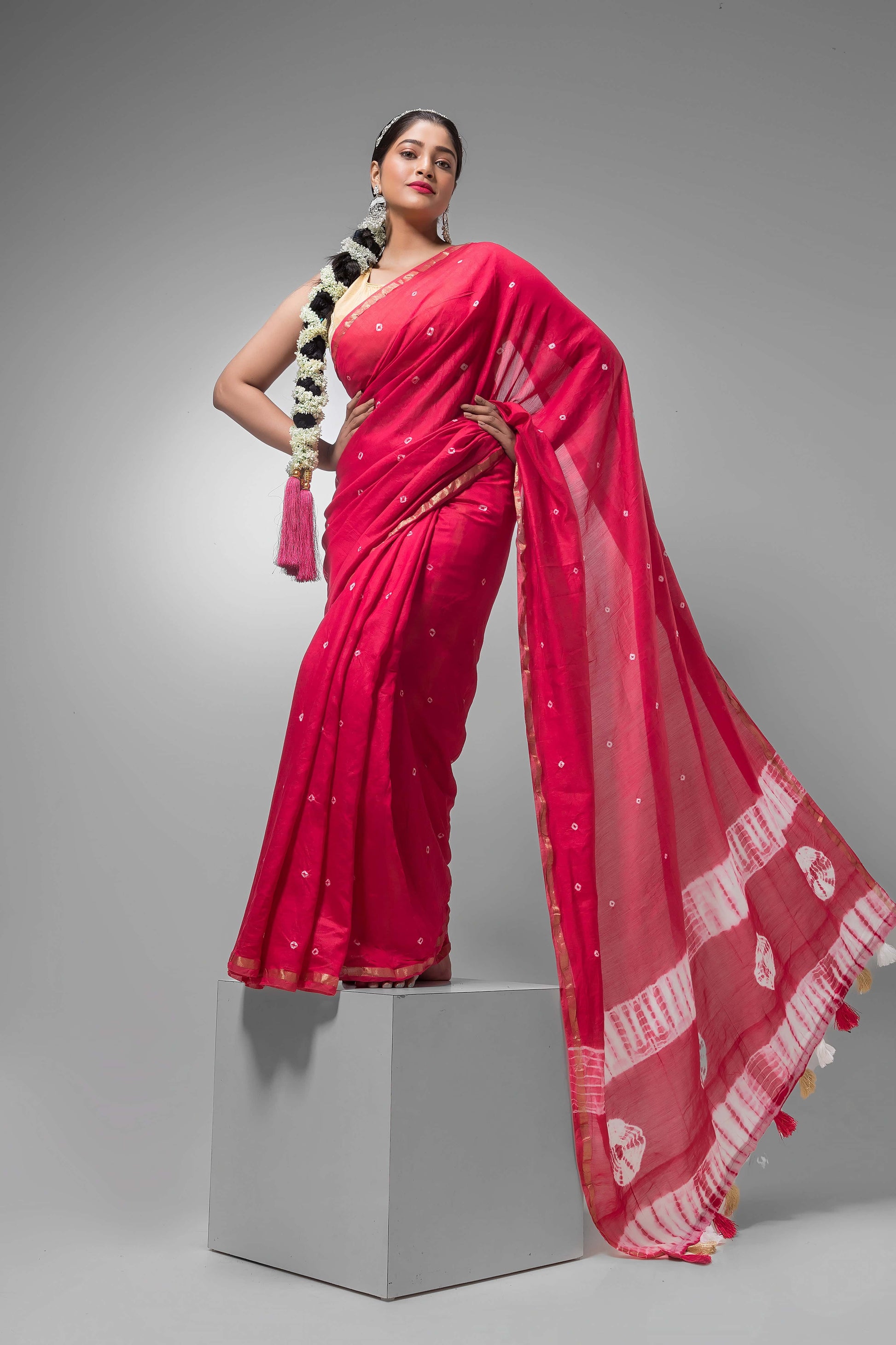 Durga Puja Saree with Silk Dotted Design -043 - indeloom
