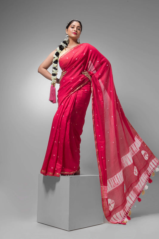 Durga Puja Saree with Silk Dotted Design -043 - indeloom