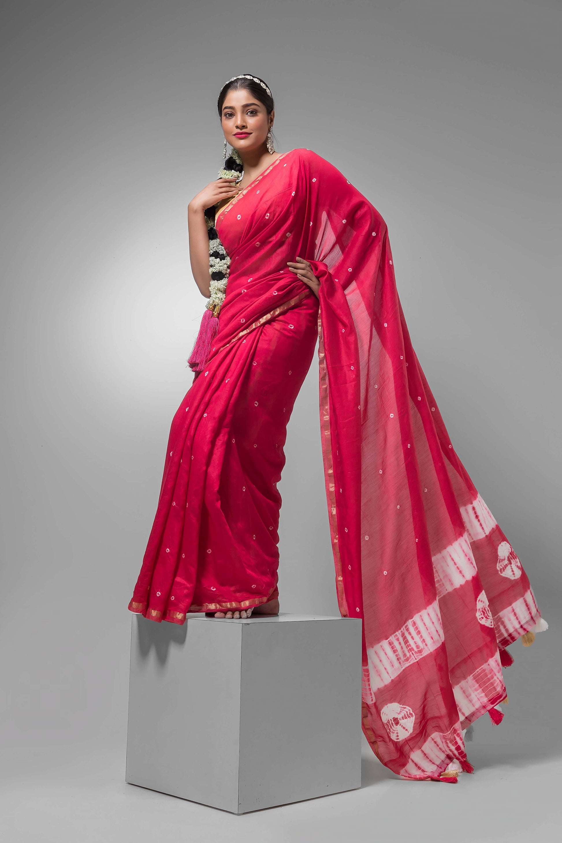 Durga Puja Saree with Silk Dotted Design -043 - indeloom