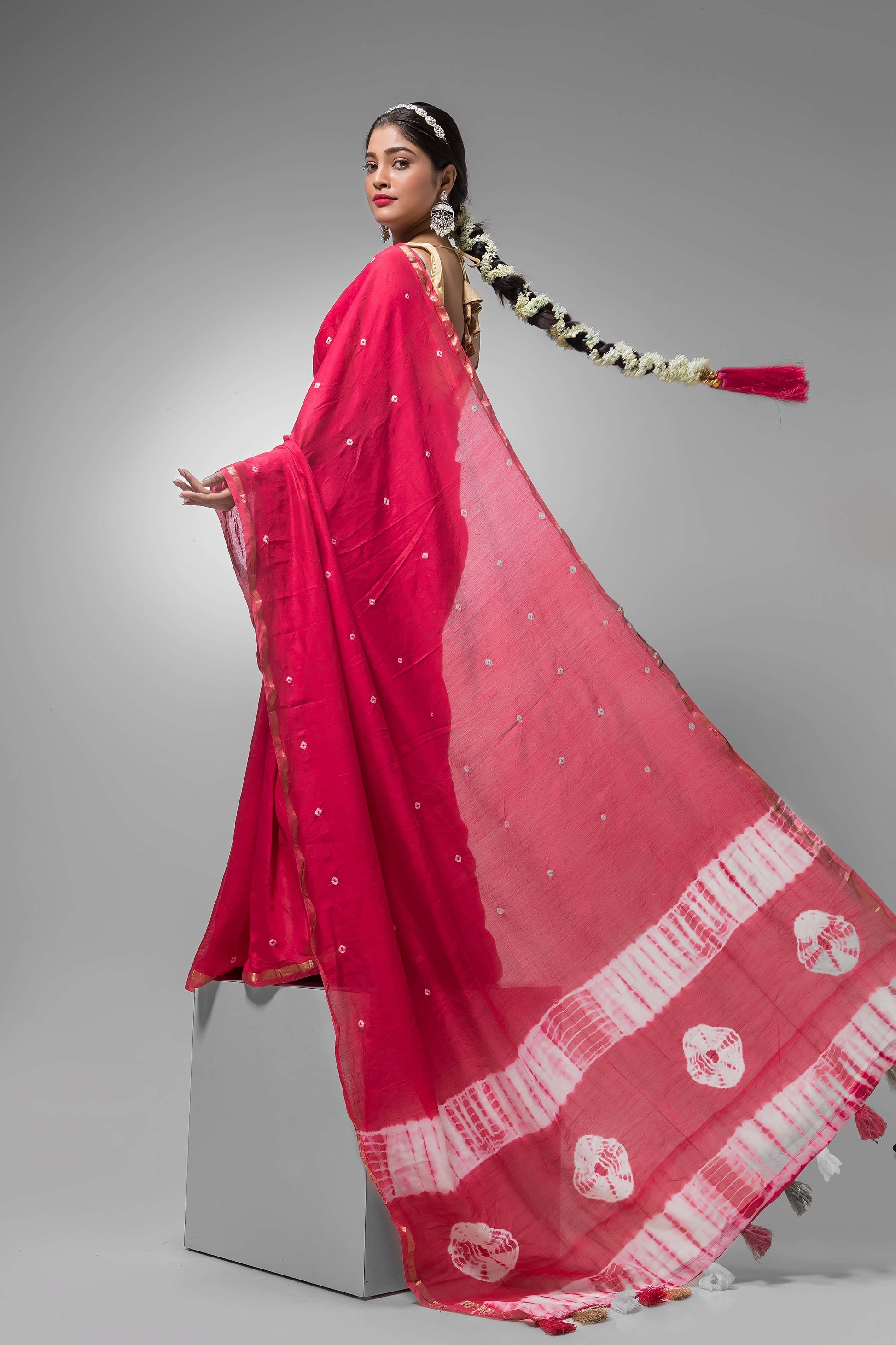 Durga Puja Saree with Silk Dotted Design -043 - indeloom