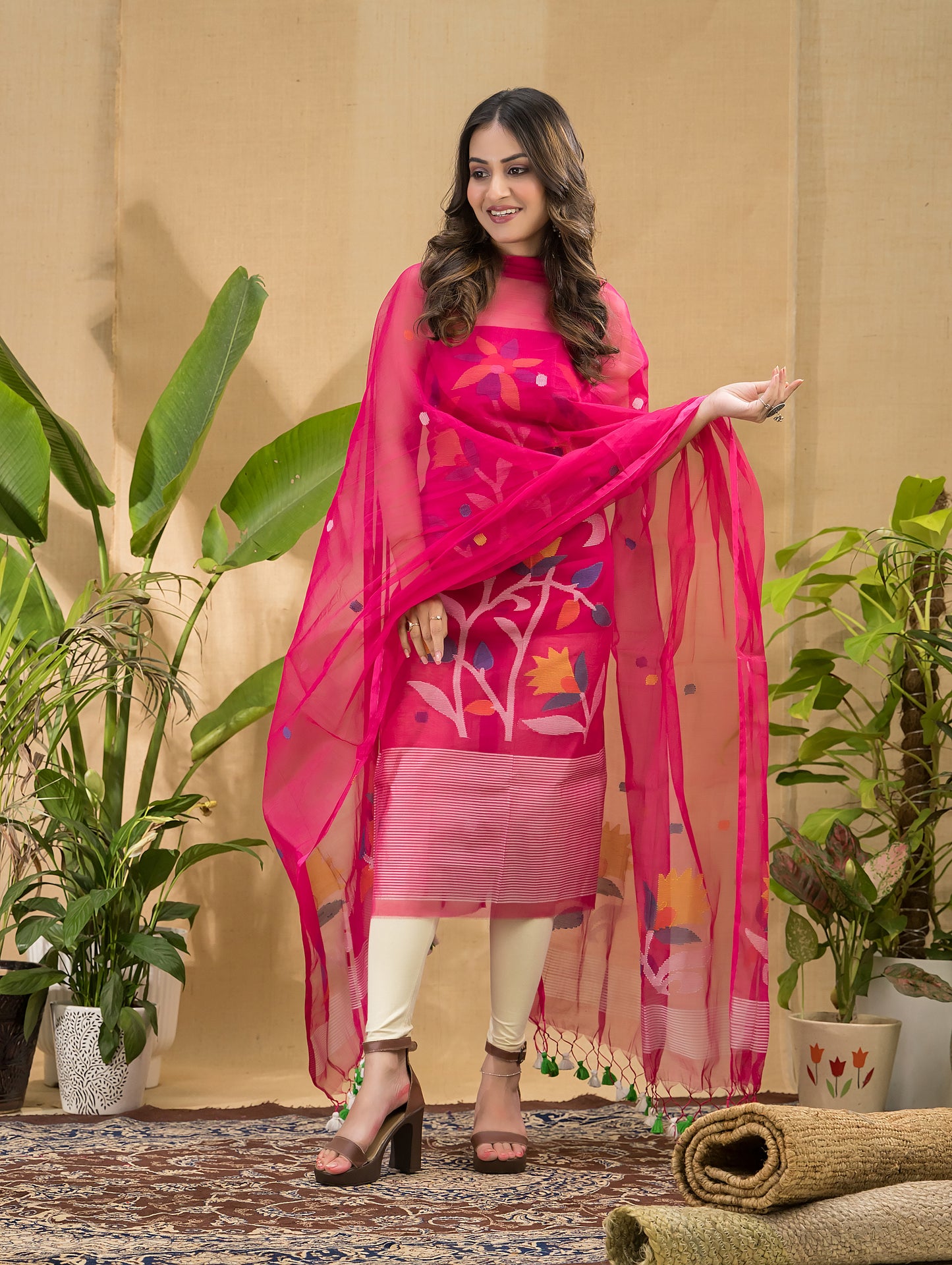 Deep Pink Muslin Jamdani -Piec2-Piece Set Kurti & Dupatta (UNSTITCHED) -748