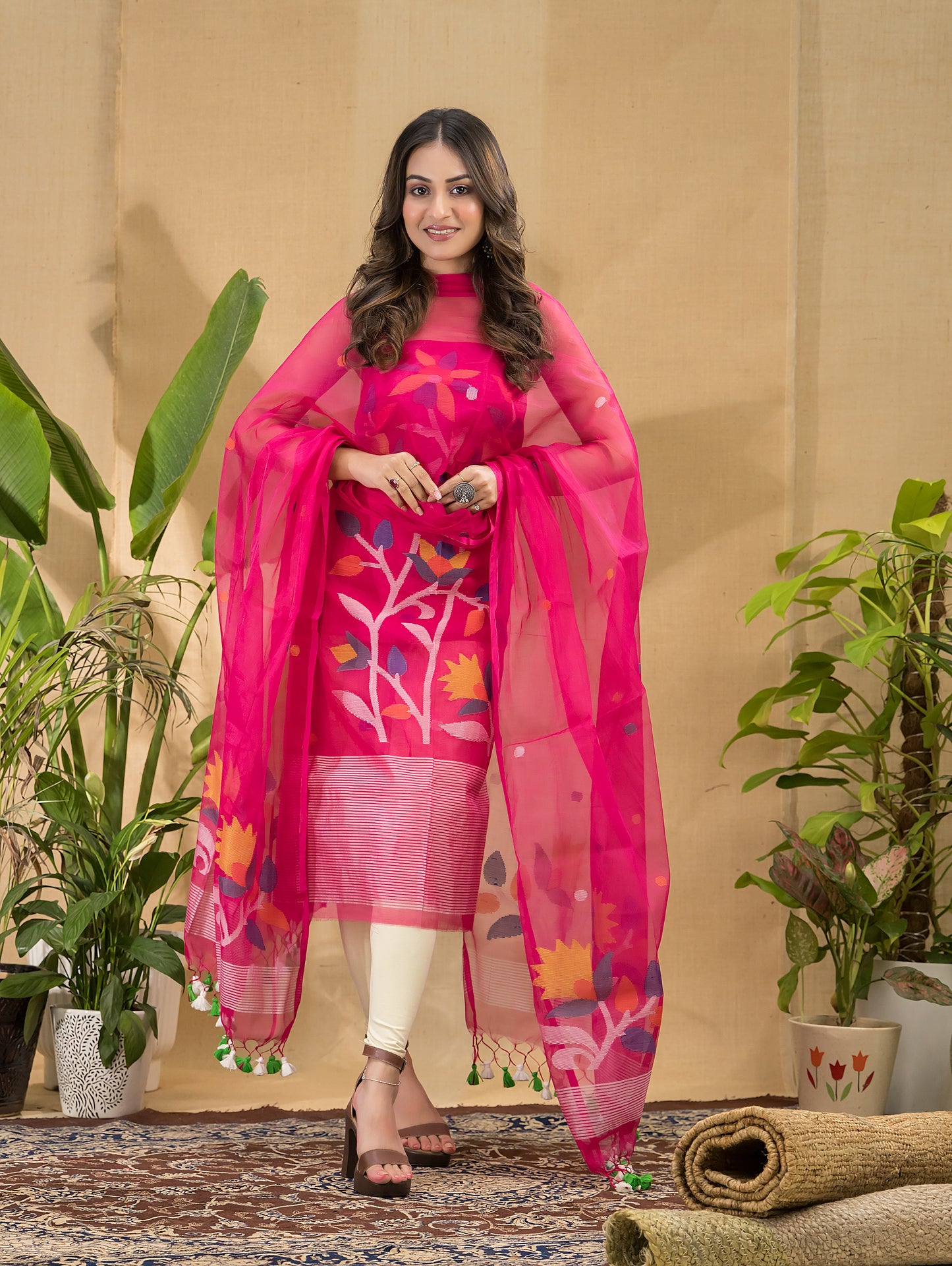 Deep Pink Muslin Jamdani -Piec2-Piece Set Kurti & Dupatta (UNSTITCHED) -748