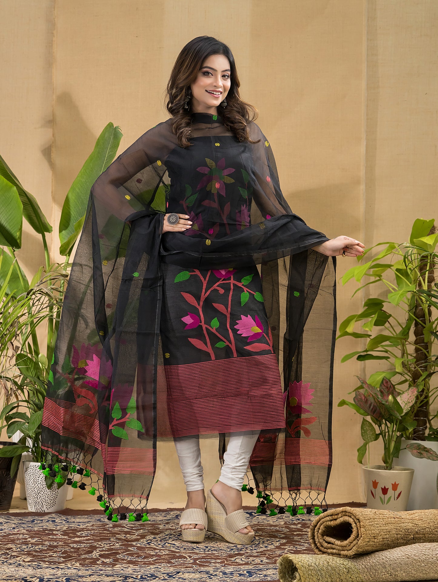 Coal Black Jamdani 2-Piece Set Kurti & Dupatta (UNSTITCHED) -740