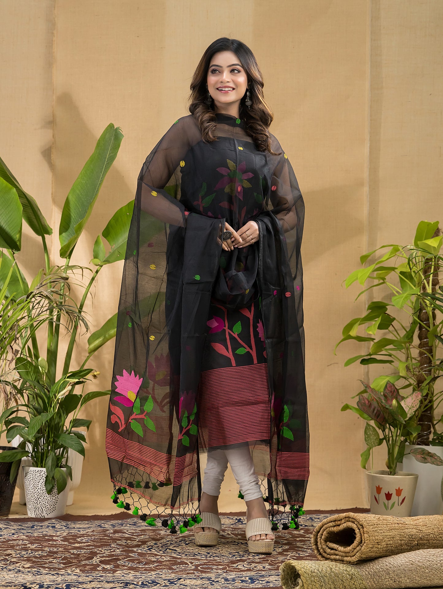 Coal Black Jamdani 2-Piece Set Kurti & Dupatta (UNSTITCHED) -740