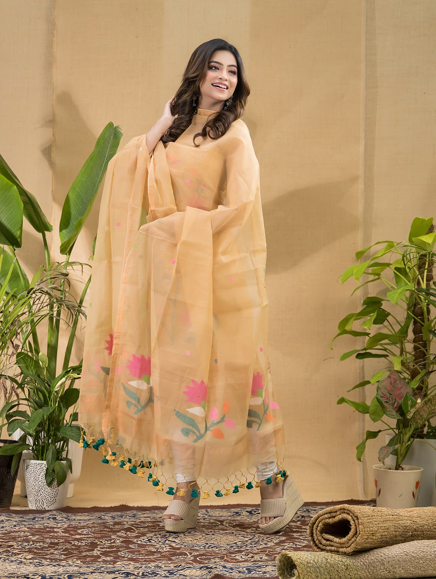 Light Cream Muslin Jamdani 2-Piece Set Kurti & Dupatta (UNSTITCHED) -774