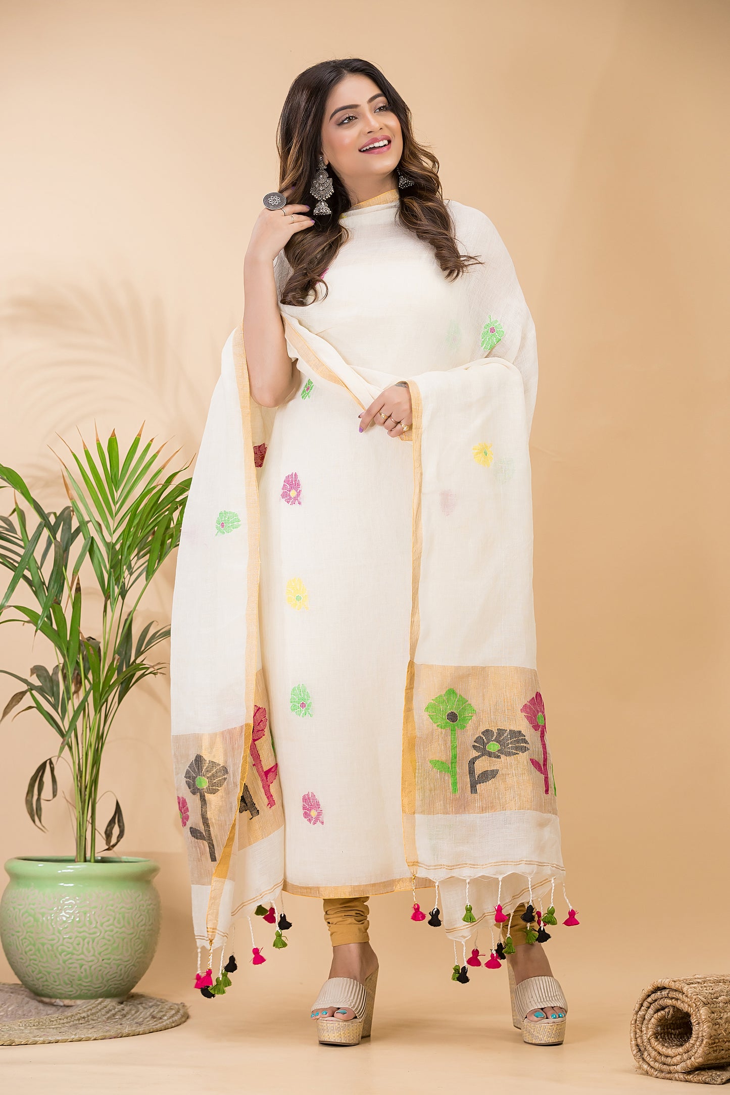 Handwoven Jamdani Linen Unstitched 2-piece Kurti  |  Pearl White