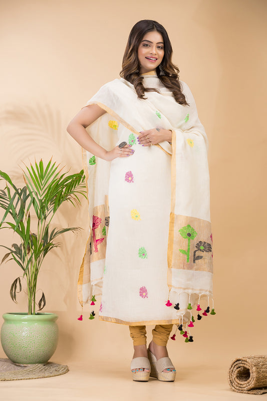Handwoven Jamdani Linen Unstitched 2-piece Kurti  |  Pearl White