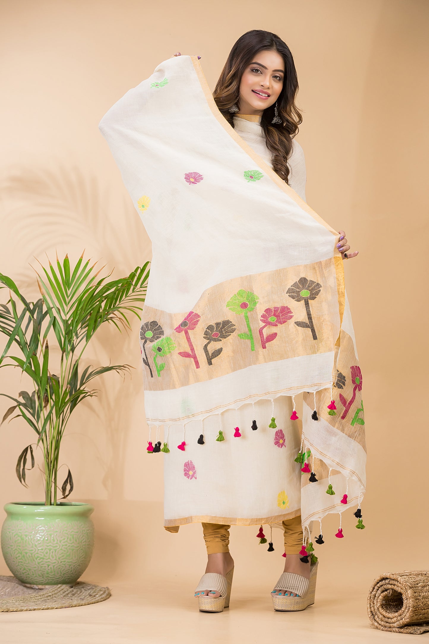 Handwoven Jamdani Linen Unstitched 2-piece Kurti  |  Pearl White