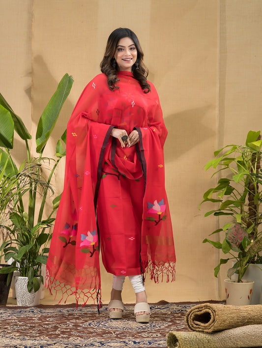 Dark Red Cotton Jamdani 2-Piece Set Kurti & Dupatta -793