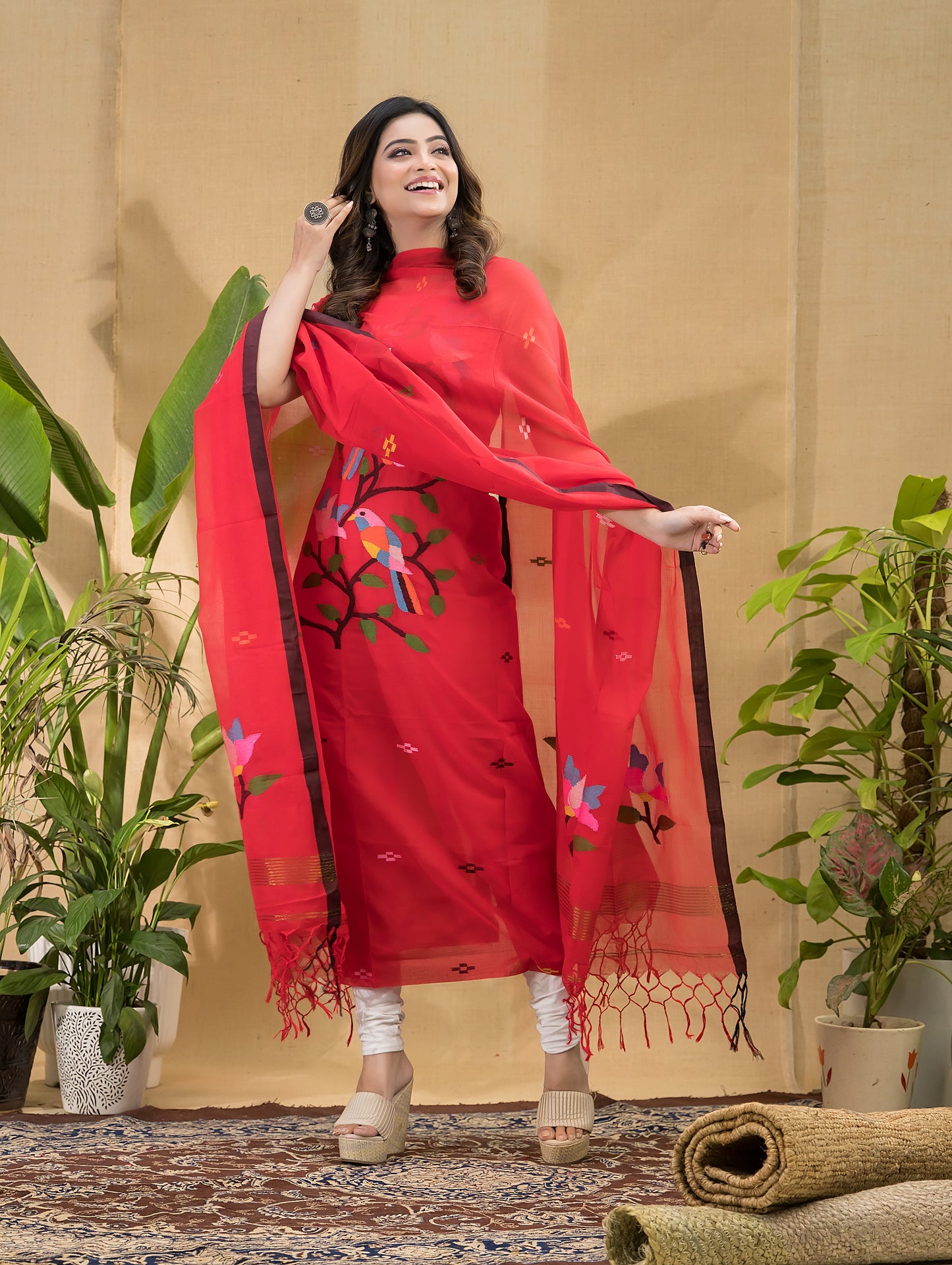 Dark Red Cotton Jamdani 2-Piece Set Kurti & Dupatta -793