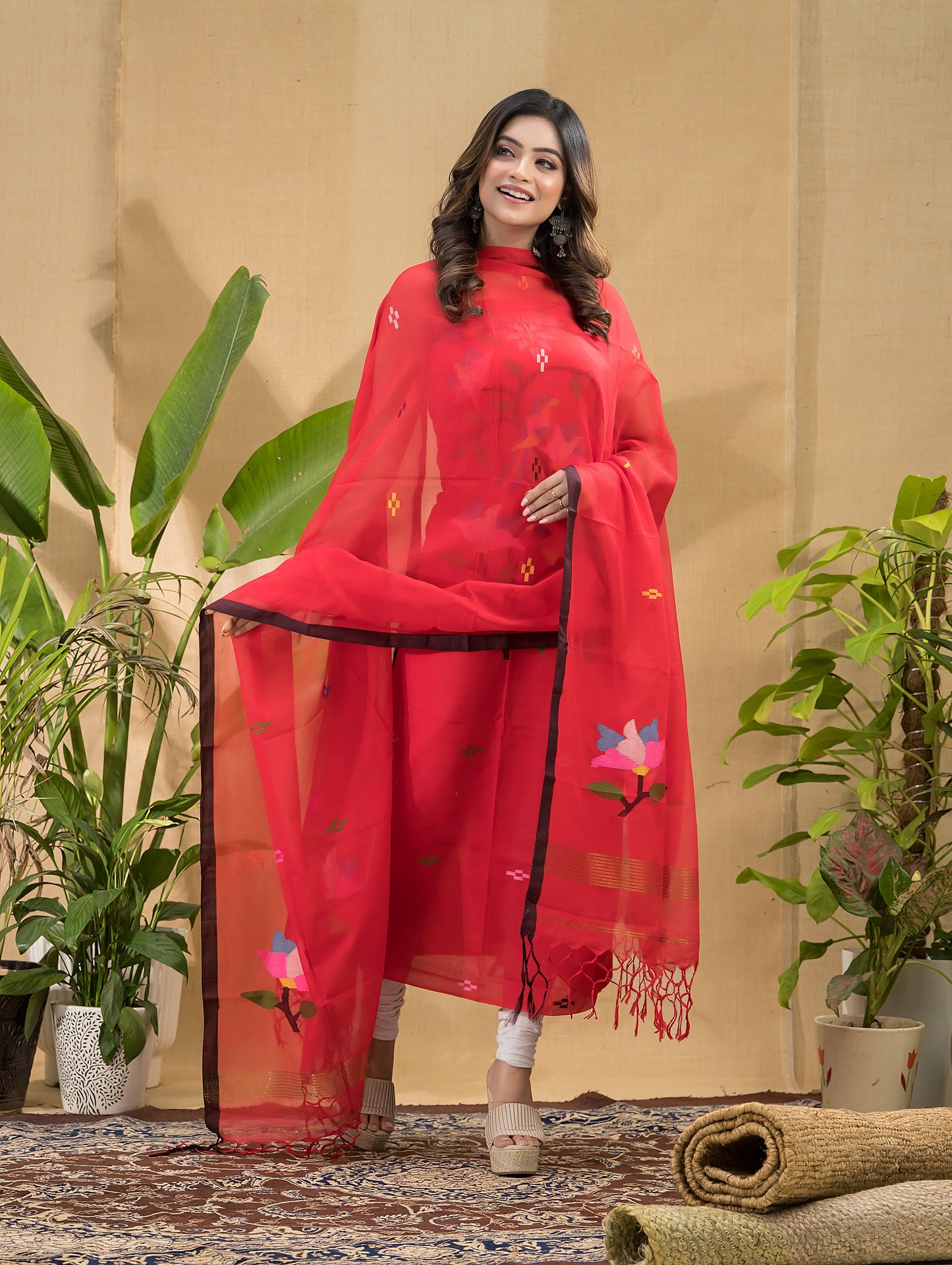 Dark Red Cotton Jamdani 2-Piece Set Kurti & Dupatta -793