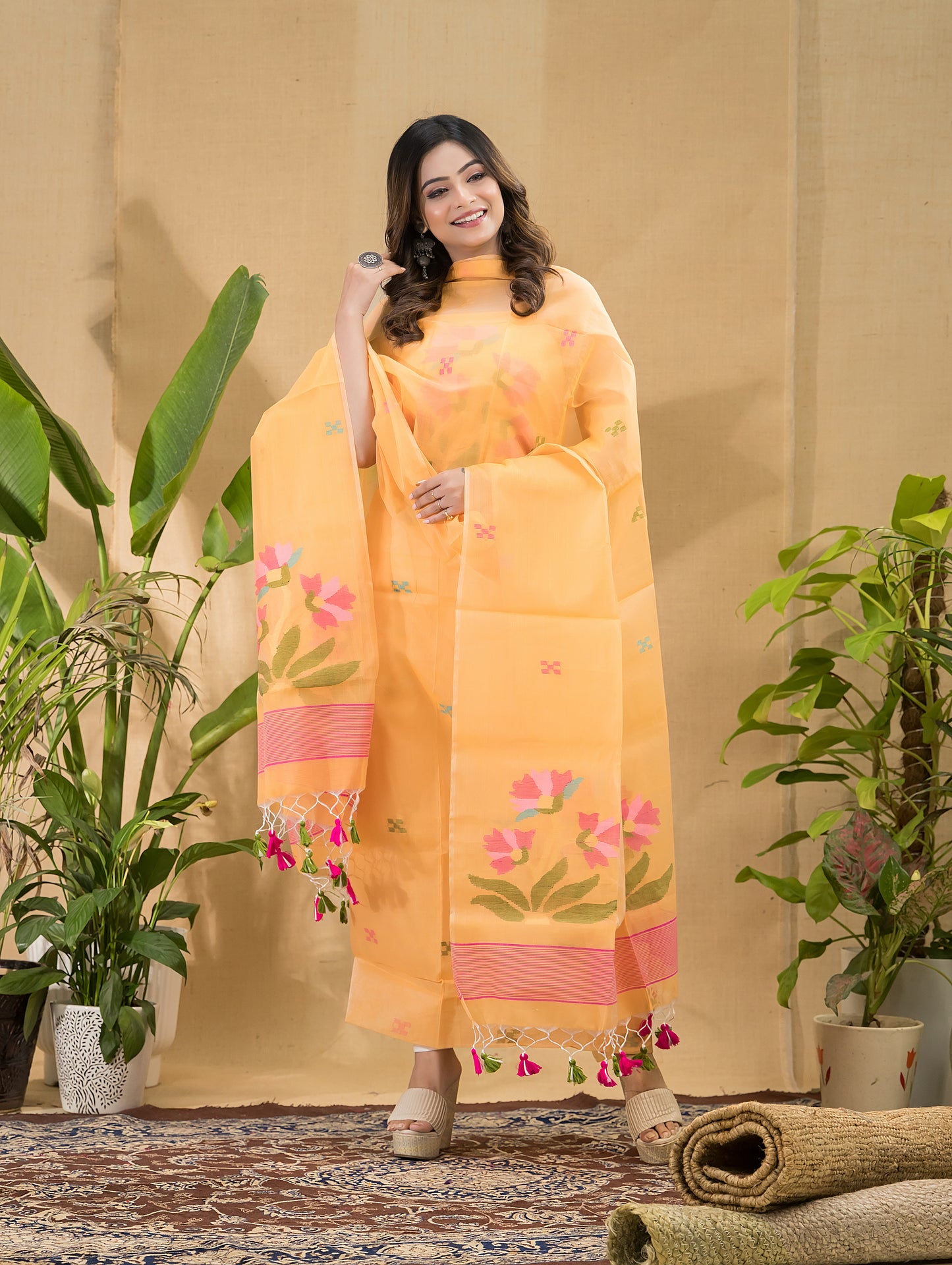 Marigold Orange Muslin Jamdani 2-Piece Set Kurti & Dupatta (UNSTITCHED) -768