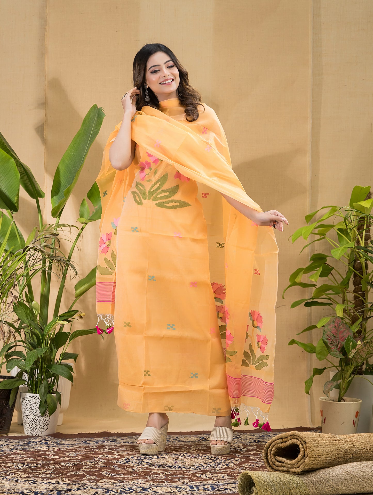Marigold Orange Muslin Jamdani 2-Piece Set Kurti & Dupatta (UNSTITCHED) -768