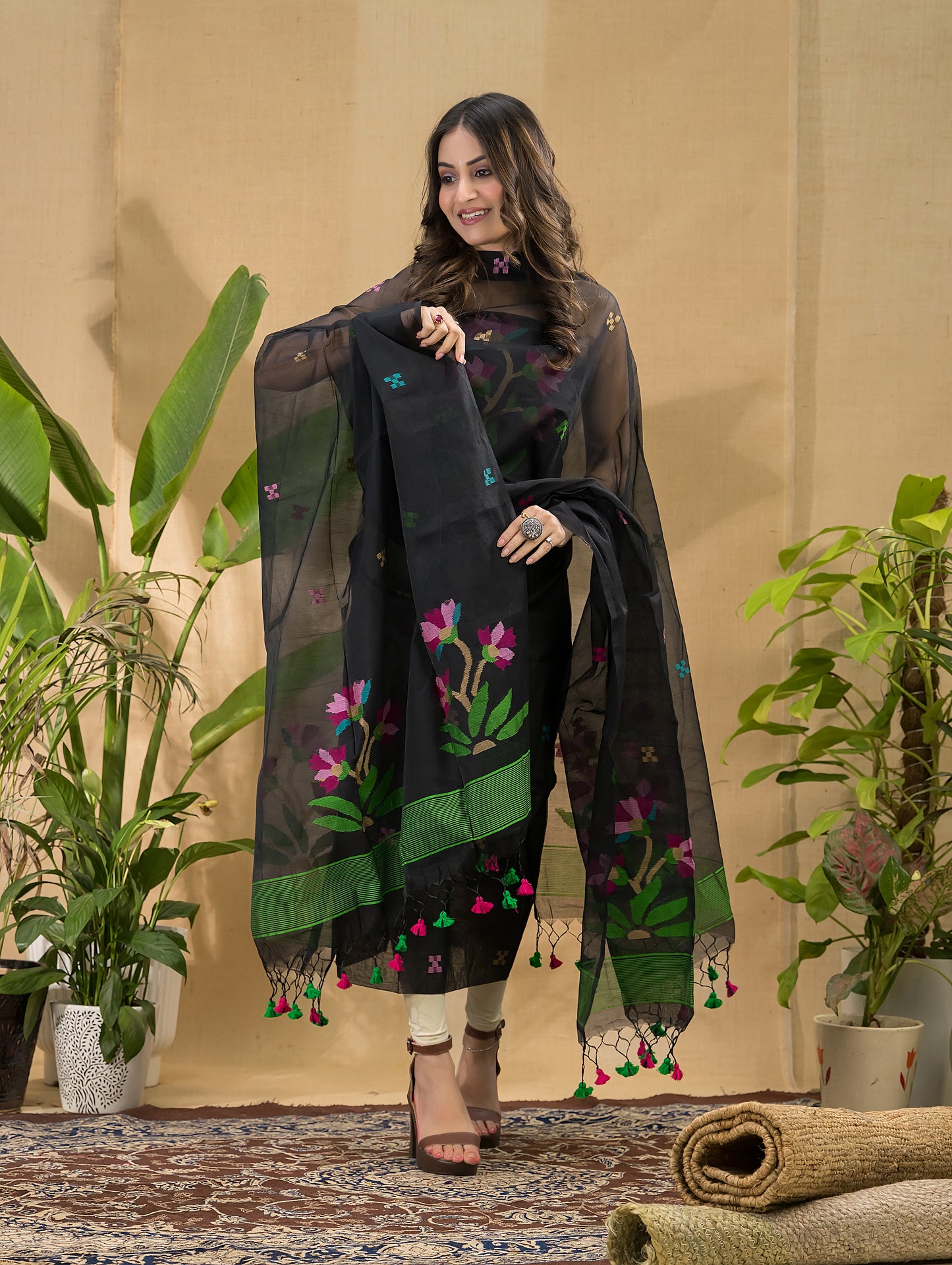 Dark Black Muslin Jamdani 2-Piece Set Kurti & Dupatta (UNSTITCHED) -762