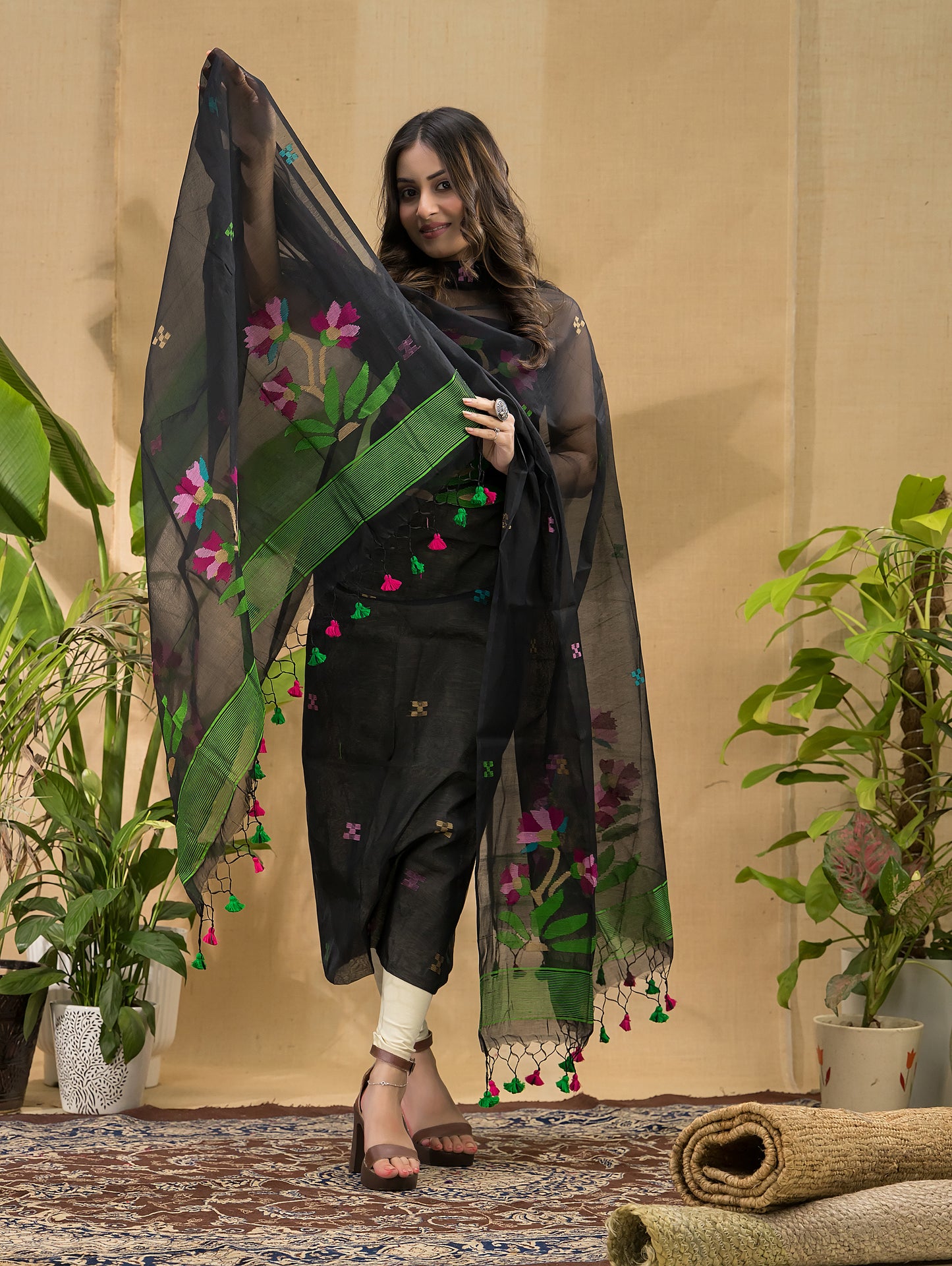 Dark Black Muslin Jamdani 2-Piece Set Kurti & Dupatta (UNSTITCHED) -762