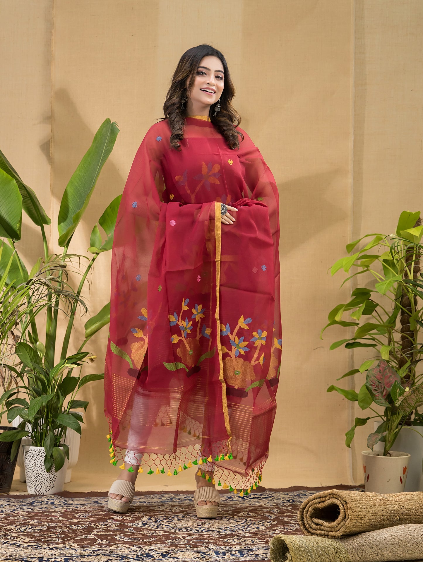 Blood Red Muslin Jamdani 2-Piece Set Kurti & Dupatta (UNSTITCHED) -798