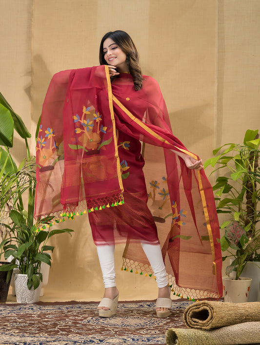 Blood Red Muslin Jamdani 2-Piece Set Kurti & Dupatta (UNSTITCHED) -798
