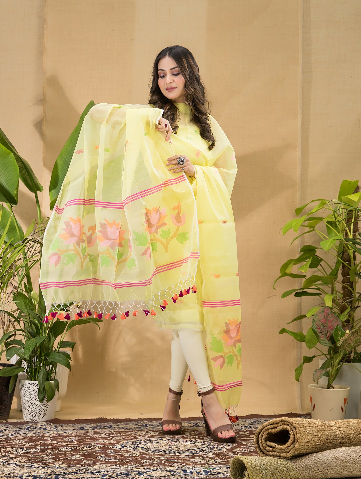 Pale Yellow Jamdani 2-Piece Set Kurti & Dupatta (UNSTITCHED) - 078