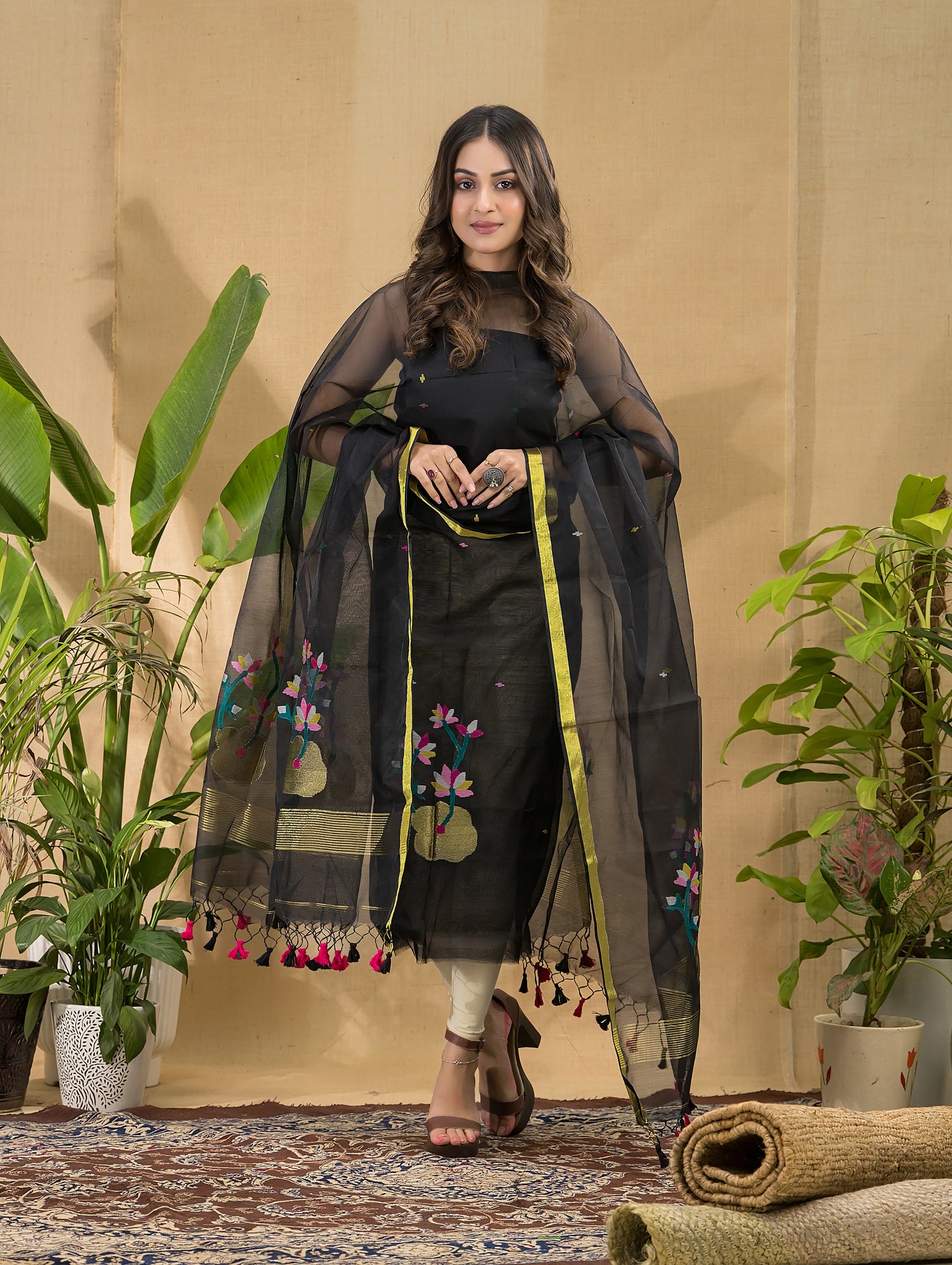 Coal Black Jamdani 2-Piece Set Kurti & Dupatta (UNSTITCHED) -717