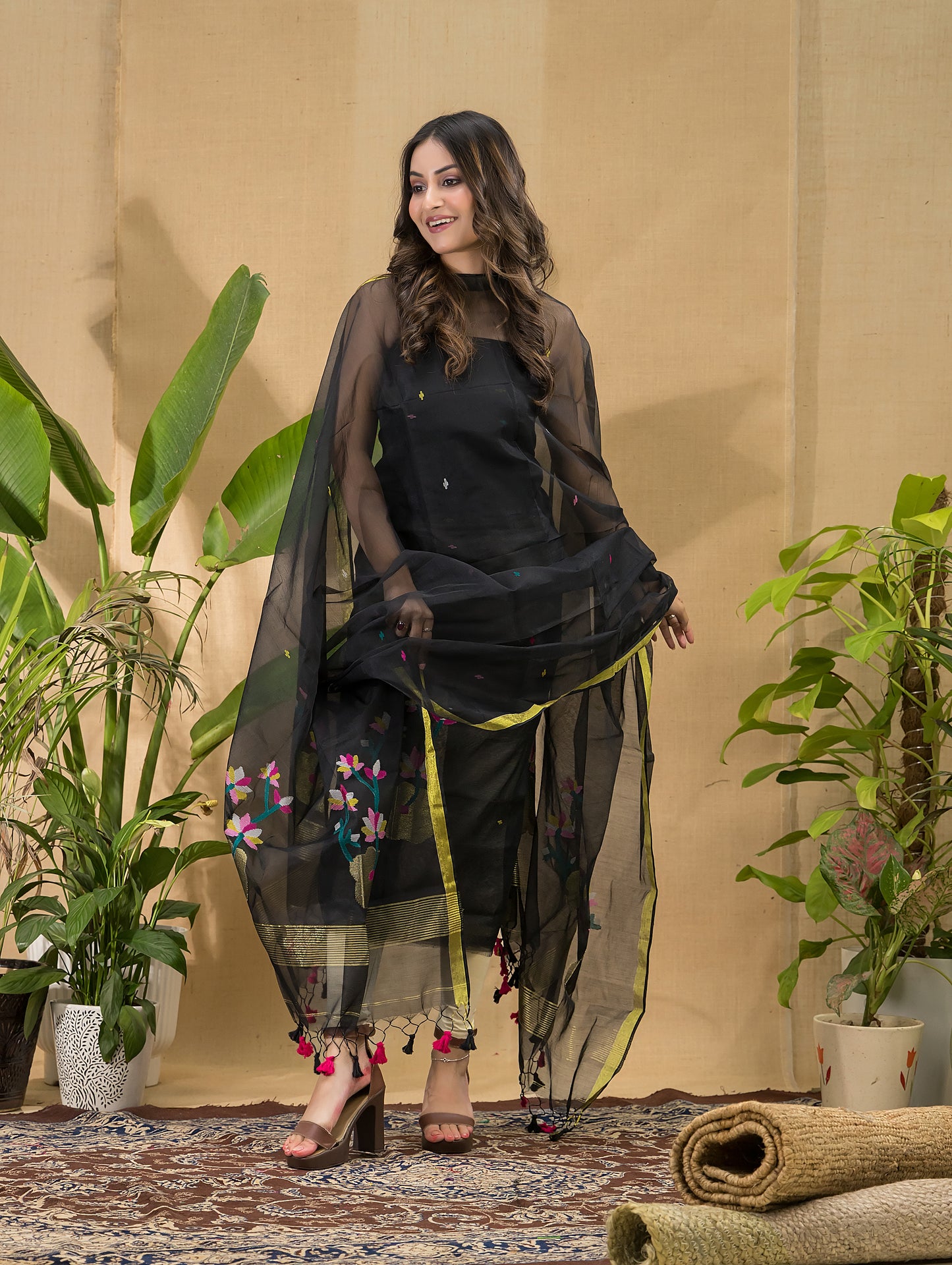 Coal Black Jamdani 2-Piece Set Kurti & Dupatta (UNSTITCHED) -717