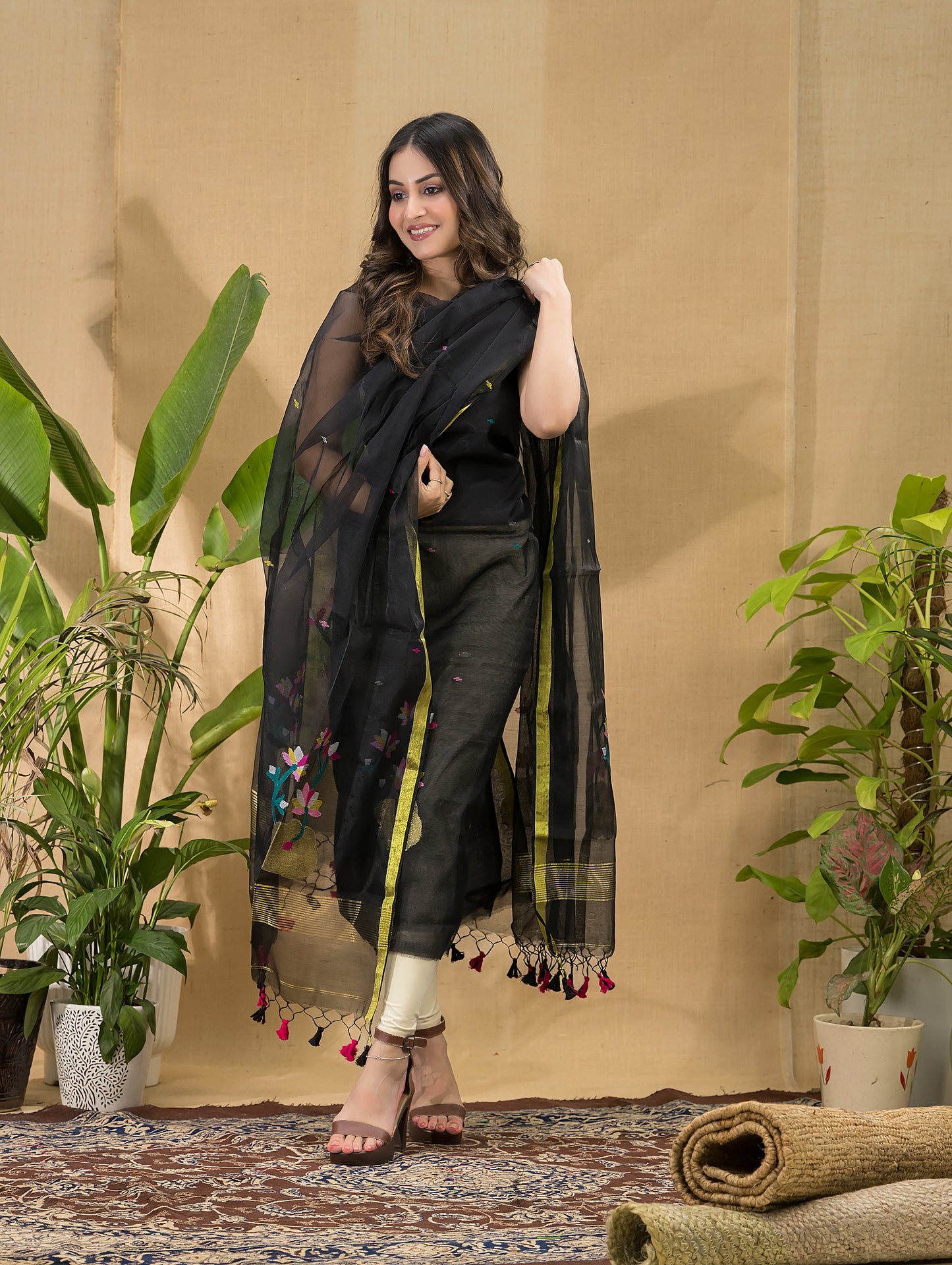 Coal Black Jamdani 2-Piece Set Kurti & Dupatta (UNSTITCHED) -717