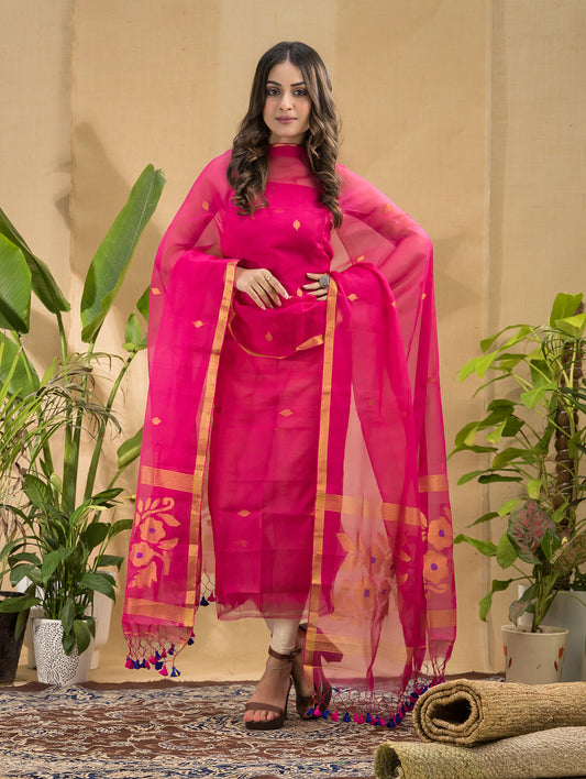 Bright Pink Jamdani 2-Piece Set Kurti & Dupatta (UNSTITCHED) -727