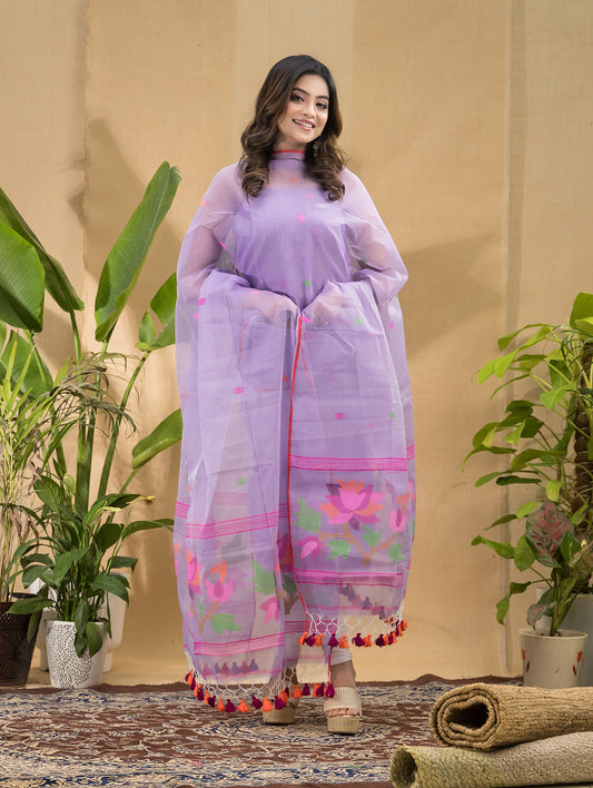 Pastel Purple Muslin Jamdani 2-Piece Set Kurti & Dupatta (UNSTITCHED) -704