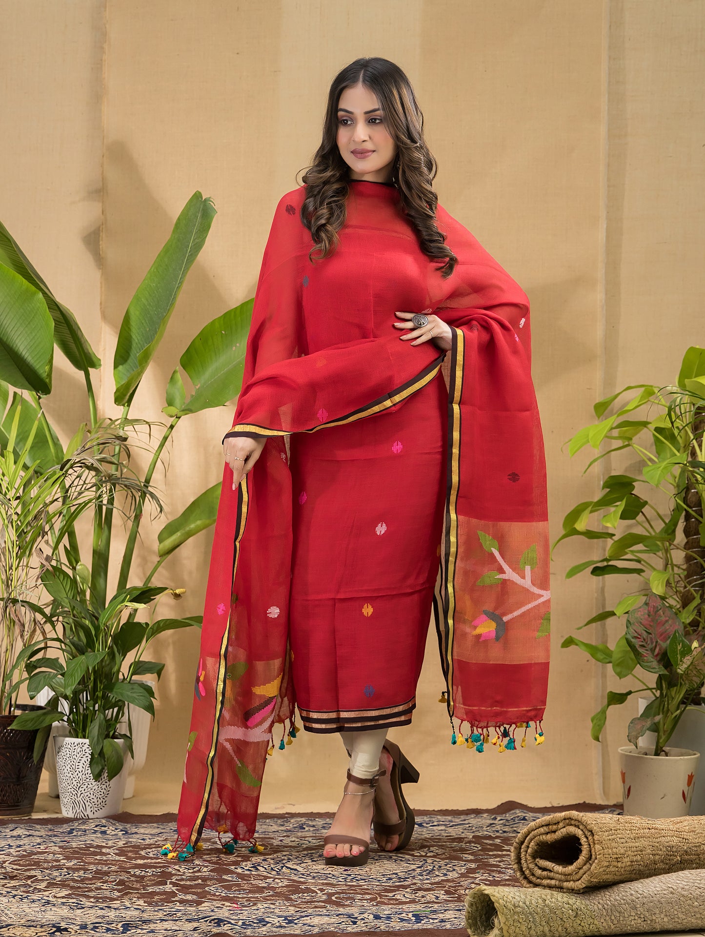Apple Red Linen Jamdani 2-Piece Set Kurti & Dupatta (UNSTITCHED) -703