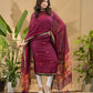 Wine Red Linen Jamdani 2-Piece Set Kurti & Dupatta (UNSTITCHED) -711