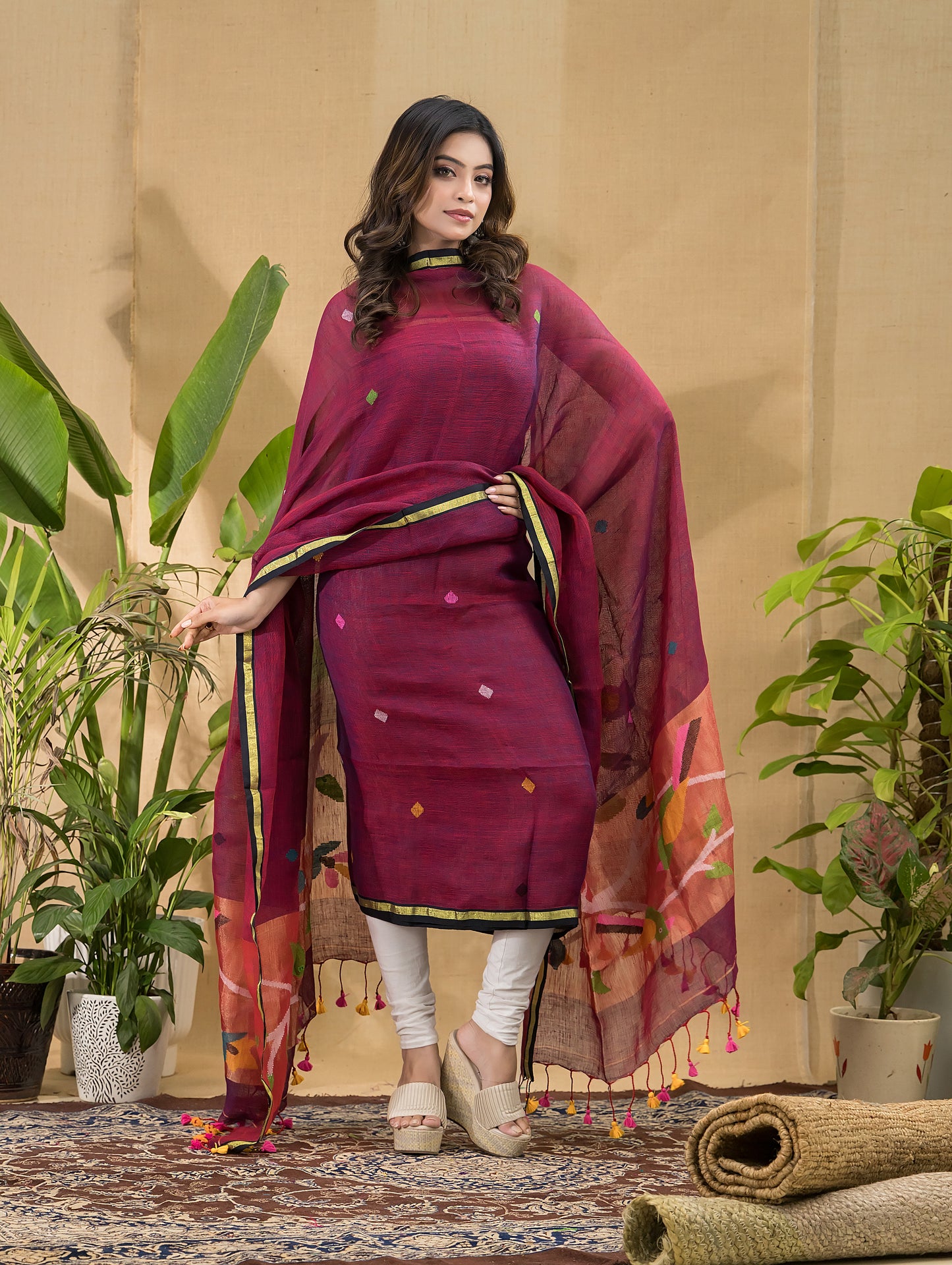 Wine Red Linen Jamdani 2-Piece Set Kurti & Dupatta (UNSTITCHED) -711