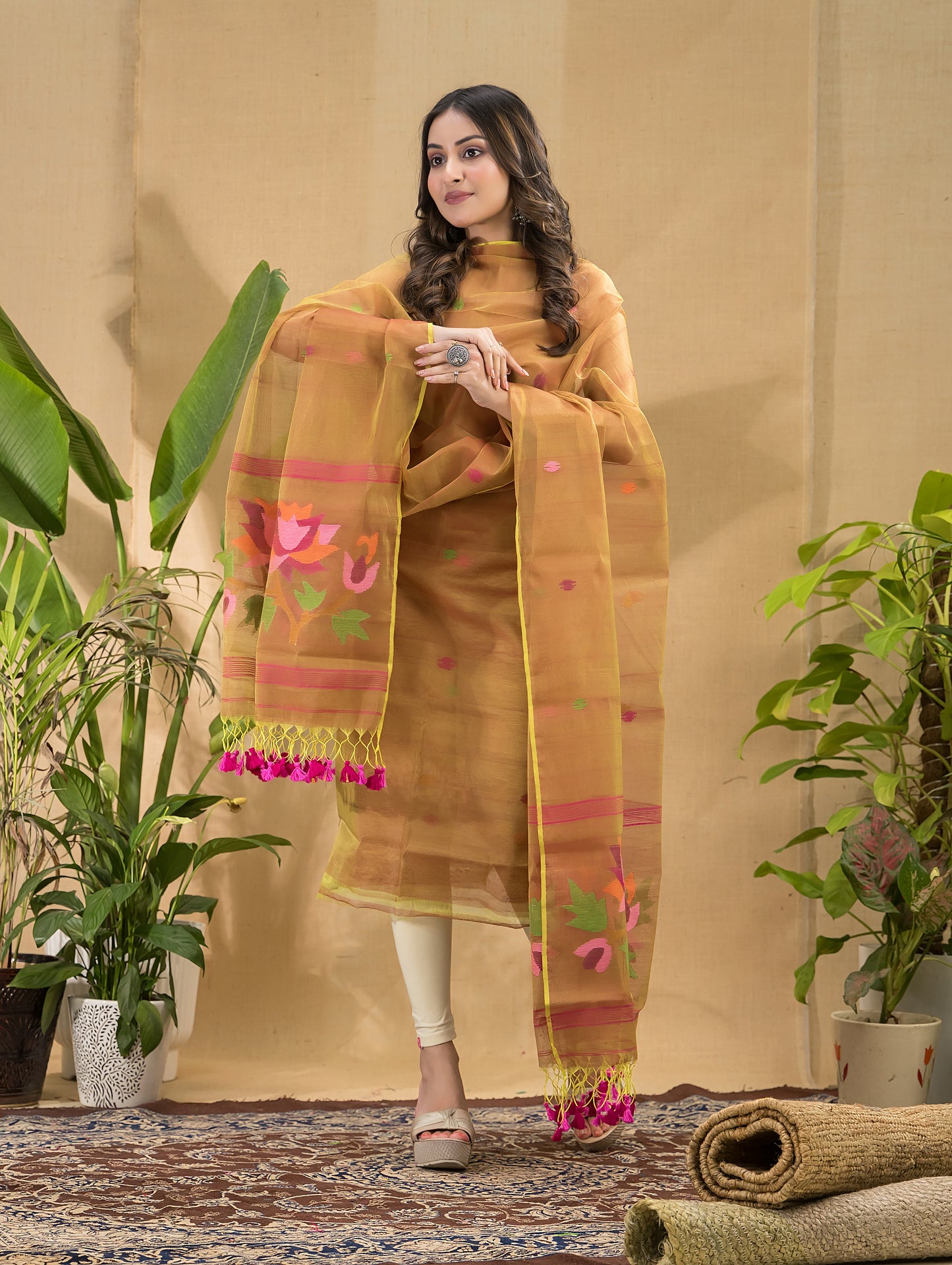 Antique Gold | Handloom Jamdani Muslin Unstitched 2-Piece Kurti | Tantuj Design