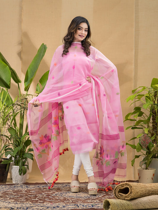 Rose Pink Jamdani 2-Piece Set Kurti & Dupatta (UNSTITCHED) -692