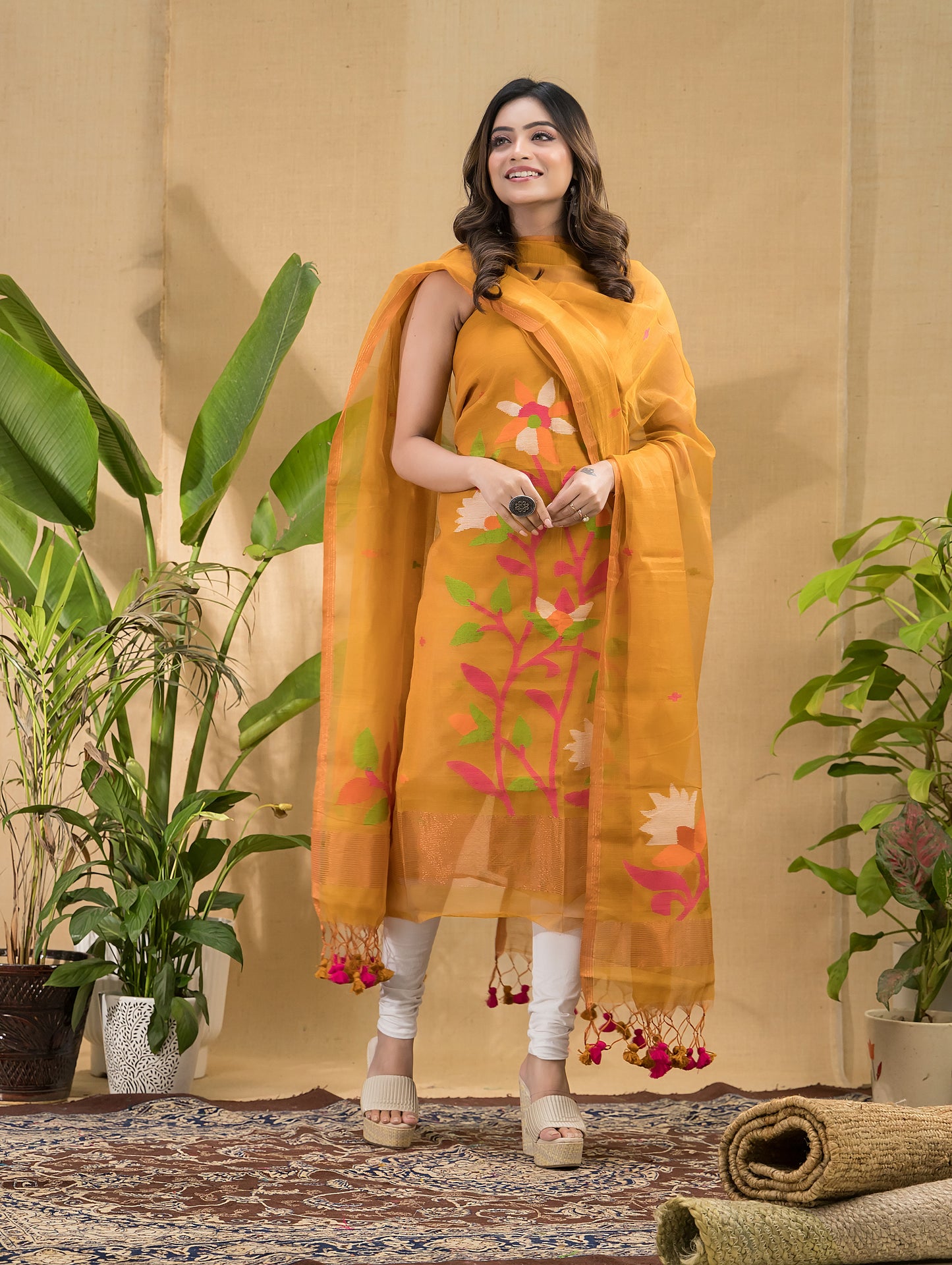 Turmeric Orange Jamdani 2-Piece Set Kurti & Dupatta (UNSTITCHED) -757