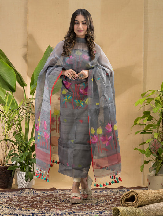 Space Black Jamdani 2-Piece Set Kurti & Dupatta (UNSTITCHED) -733
