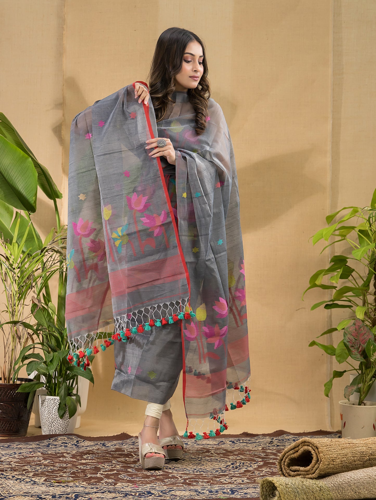 True Black | Handloom Jamdani Muslin Unstitched 2-Piece Kurti | Classic Design