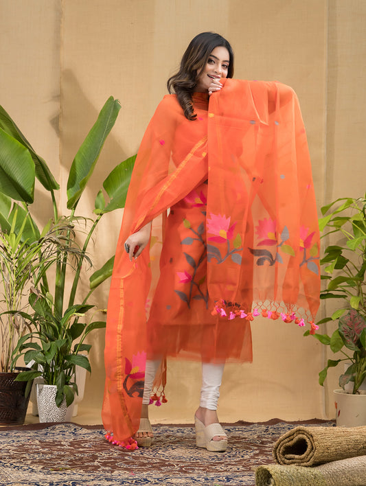 Fire Orange Muslin Jamdani 2-Piece Set Kurti & Dupatta (UNSTITCHED) -732