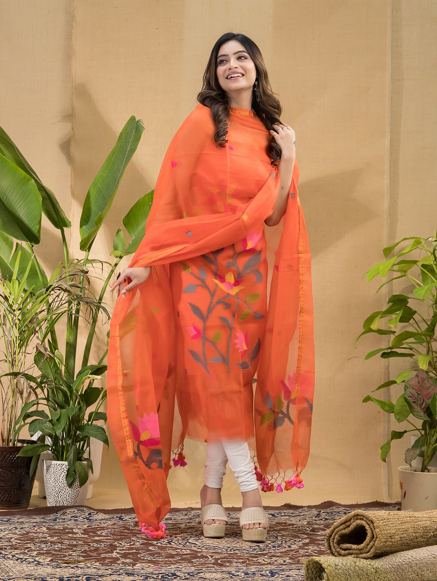Fire Orange Muslin Jamdani 2-Piece Set Kurti & Dupatta (UNSTITCHED) -732