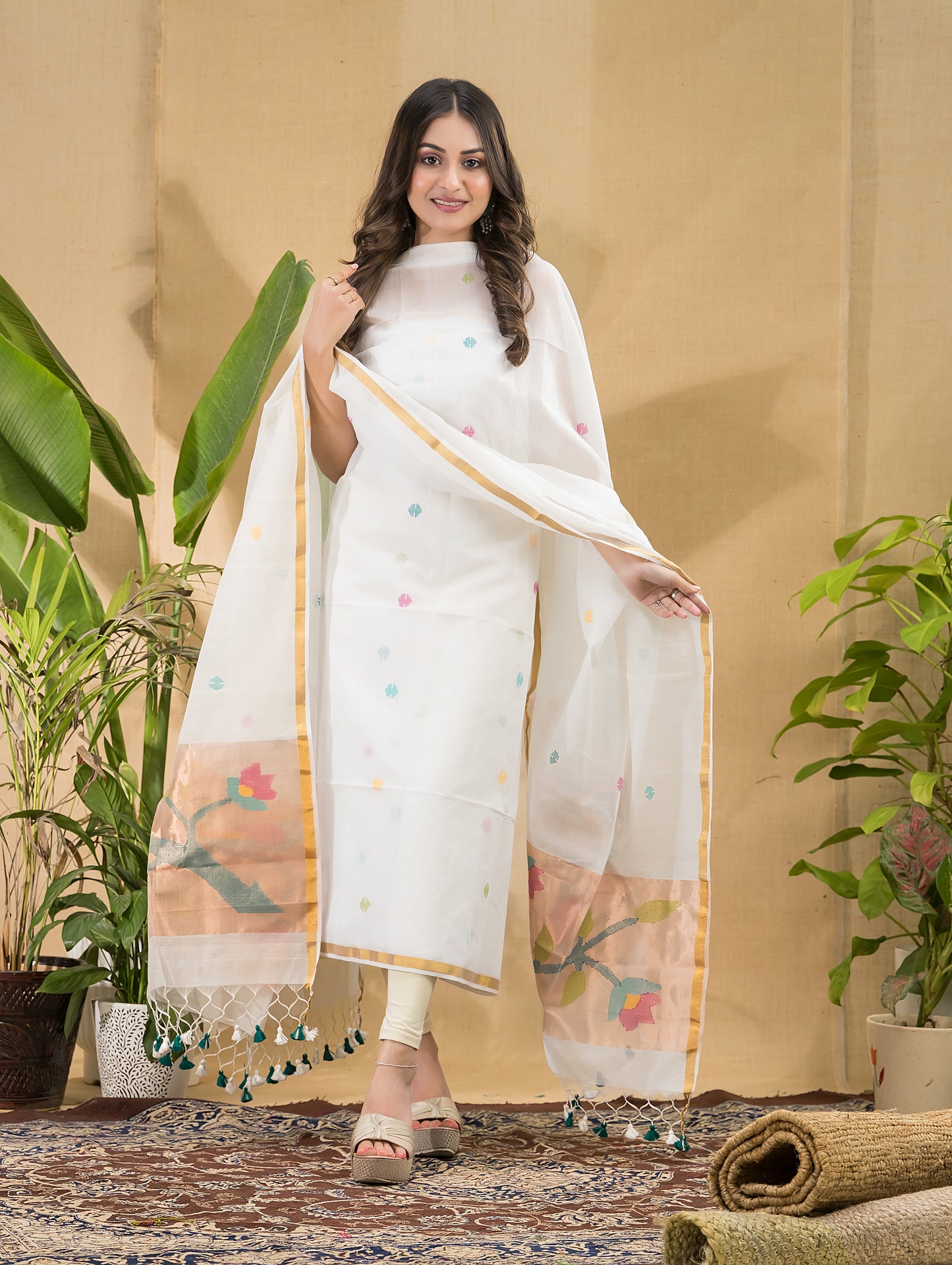 Cotton White Jamdani 2-Piece Set Kurti & Dupatta (UNSTITCHED) -790