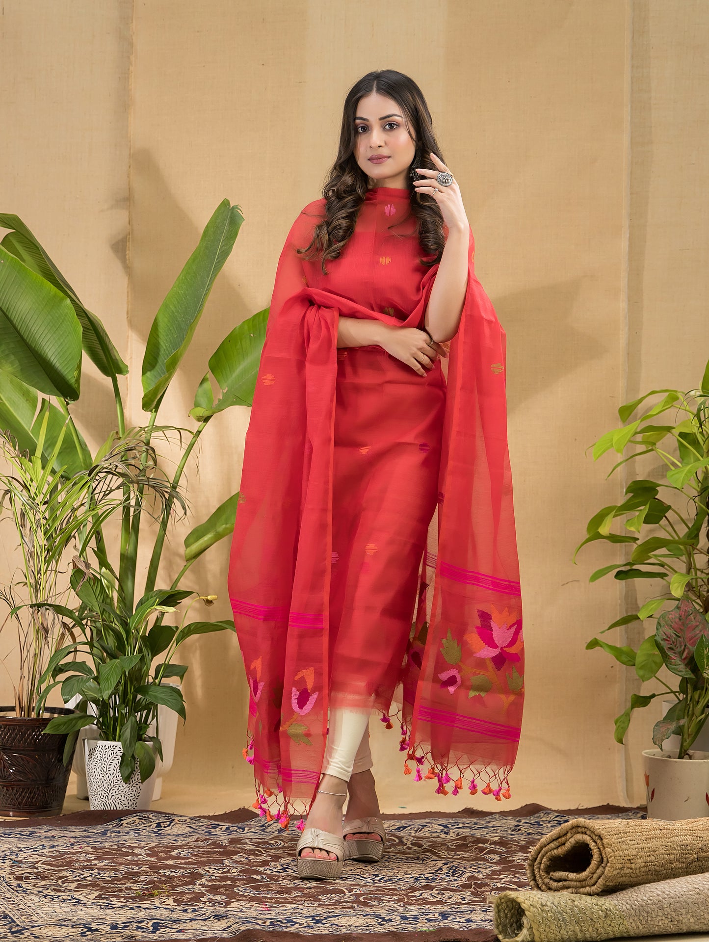 Chilli Red Jamdani 2-Piece Set Kurti & Dupatta (UNSTITCHED) -770