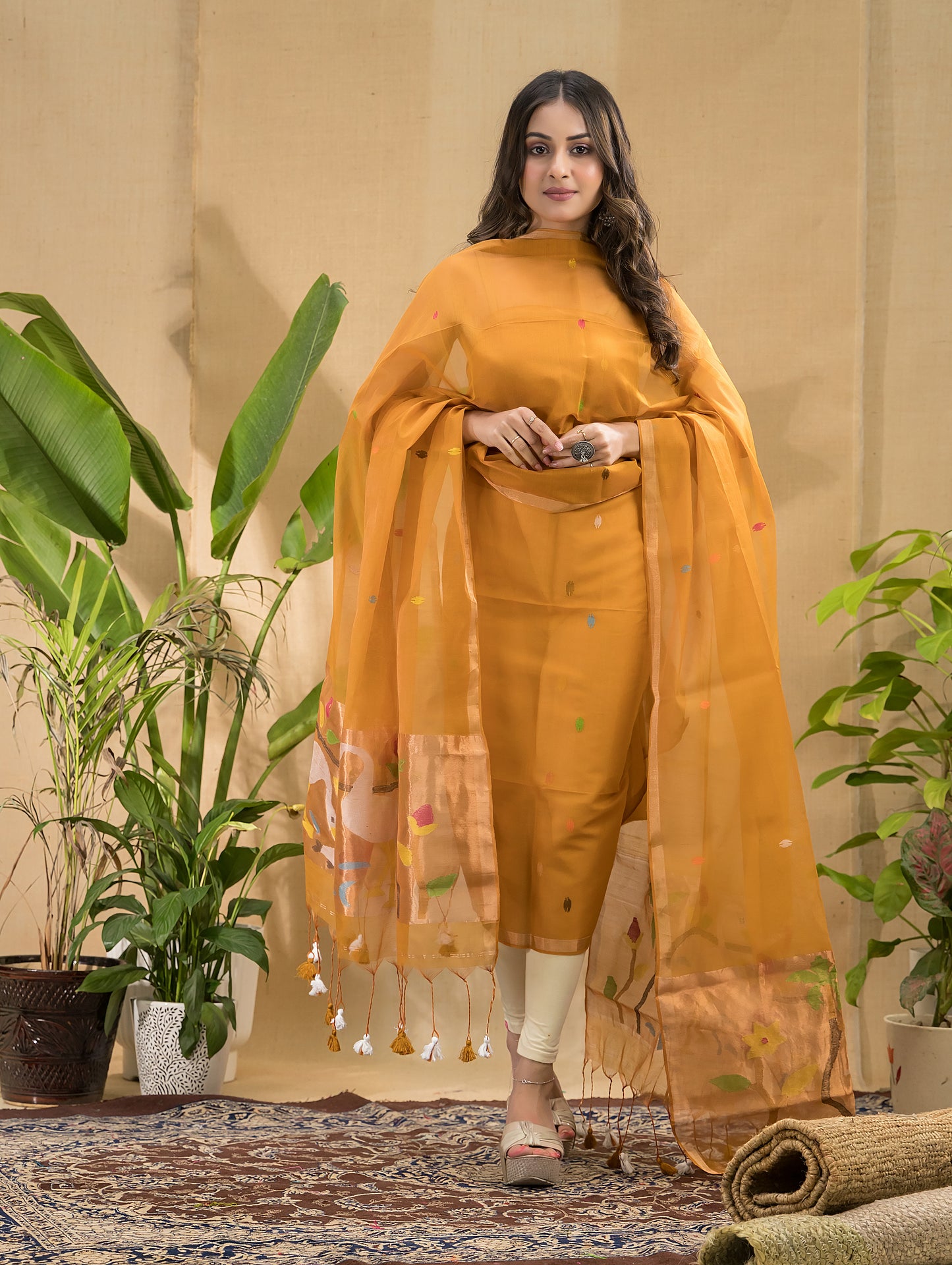 Golden Orange Muslin Tissue 2-Piece Set Kurti & Dupatta (UNSTITCHED) -792