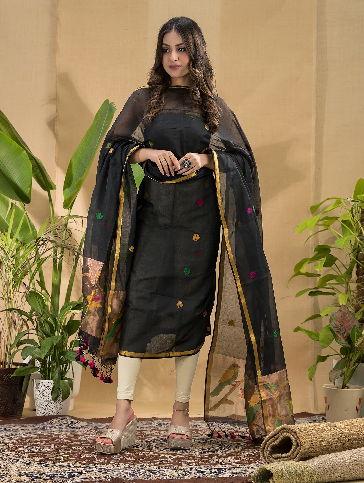 Dark Black Muslin Tissue Jamdani 2-Piece Set Kurti & Dupatta (UNSTITCHED) -775